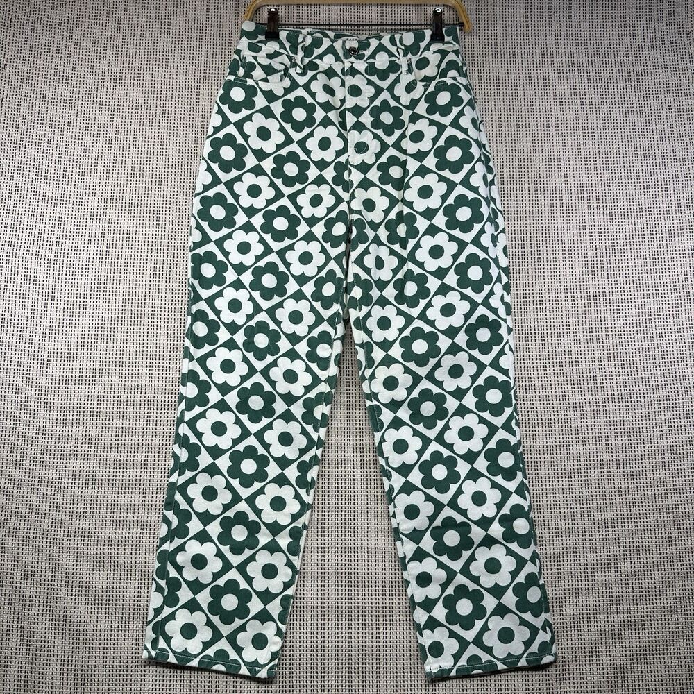 PacSun Green & White Daisy High Waisted Straight Leg Jeans Size 28 Retro Floral